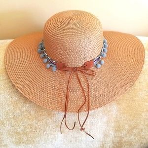 Straw Hat with decorative band of turquoise,pink. grey, white. Summer Su…